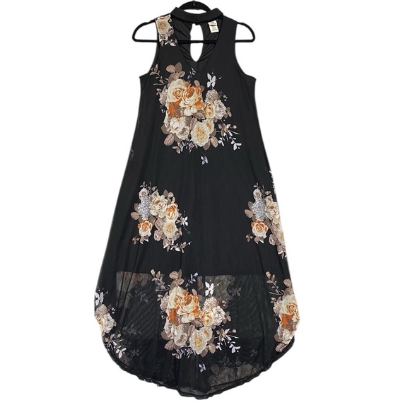 Wrapper Floral Mesh Keyhole Halter Midi Dress Y2K Dark Romantic Sz L Black - Picture 1 of 8